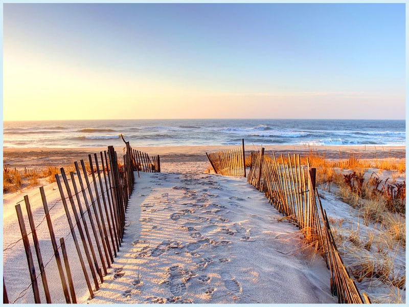 a row of wooden benches sitting on top of a sandy beach